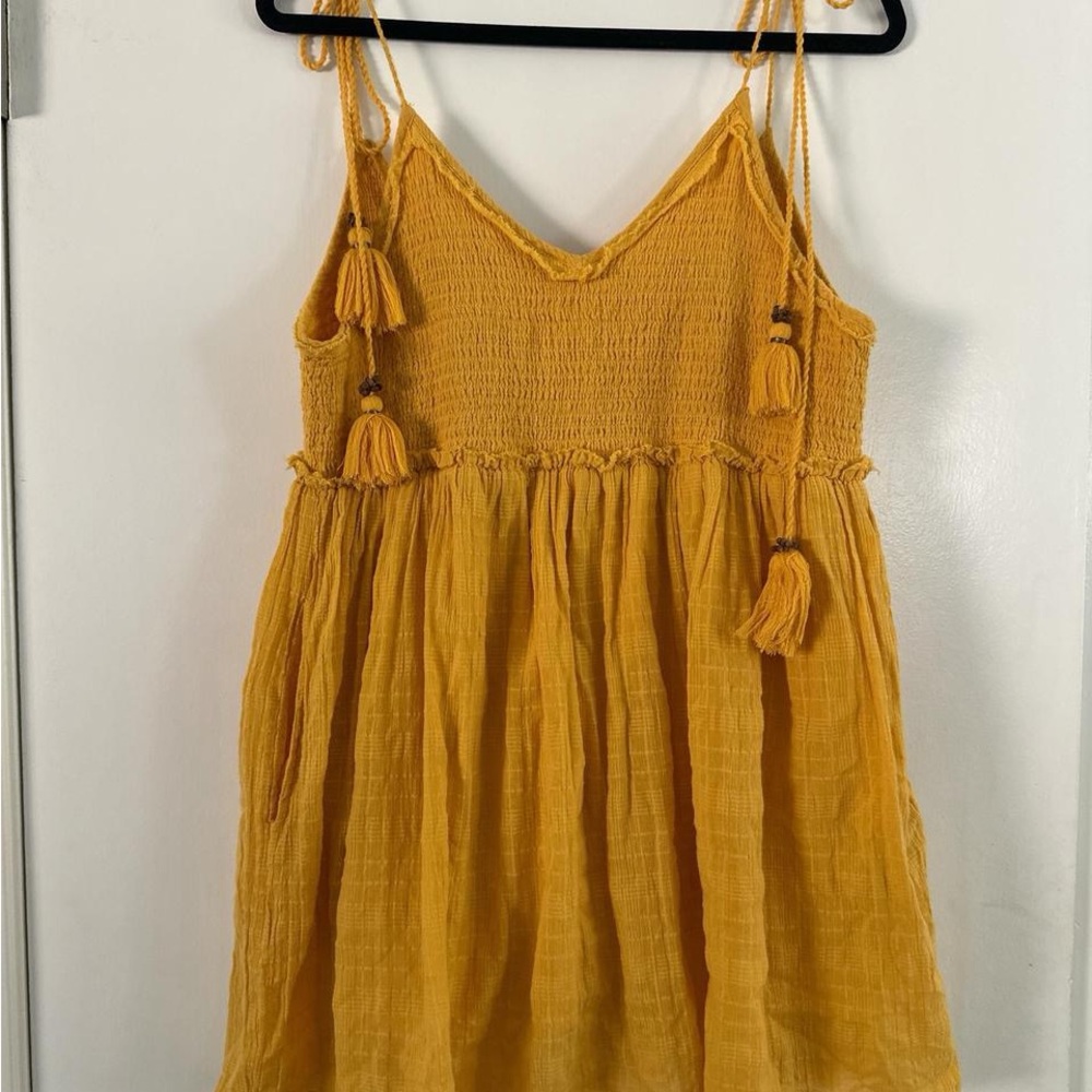 Free People Mustard Yellow Smocked Tassel Sundress